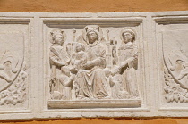 Italy, Lombardy, Lake Garda, Riva del Garda, frieze detail on Duomo.