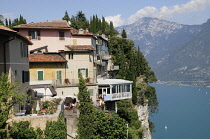 Italy, Lombardy, Lake Garda, Tremosine, Pieve on cliff edge.