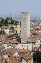 Italy, Lombardy, Bergamo, view of Citta Alta with Gombito Tower from Torre Civica.