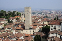 Italy, Lombardy, Bergamo, view of Citta Alta with Gombito Tower from Torre Civica.