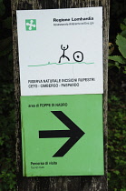 Italy, Lombardy, Valcamonica, Foppi di Nadro, Riserva Naturale Incisioni Rupestri sign.