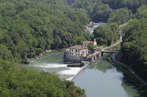 Italy, Lombardy, Valle Adda, view onto canal from iron bridge at Paderno d'Adda.