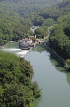Italy, Lombardy, Valle Adda, view onto canal from iron bridge at Paderno d'Adda.