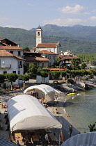 Italy, Piemonte, Lake Maggiore, Feriolo, village & lakeside beach.