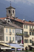 Italy, Lombardy, Lake Maggiore, Cannobio, waterfront cafes & buildings.