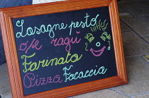 Italy, Liguria, Cinque Terre, Monterosso, Focacceria Antonio Enoteca, menu board.