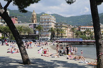 Italy, Liguria, Portofino Peninsula, Rapallo, beach & waterfront.