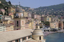 Italy, Liguria, Camogli, church roof with views of Camogli beach & waterfront.