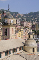 Italy, Liguria, Camogli, church roof with views of Camogli.