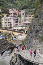 Italy, Liguria, Cinque Terre, Monterosso, coastal walkway & view towards Monterosso.