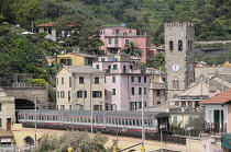 Italy, Liguria, Cinque Terre, Monterosso, view with church & railway line.