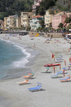 Italy, Liguria, Cinque Terre, Monterosso, view of beach & waterfront at Monterosso.