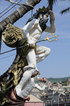Italy, Liguria, Genoa, Neptune figure head detail from pirate ship, Porto Antico.