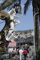 Italy, Liguria, Genoa, Neptune figure head detail from pirate ship & esplanade, Porto Antico.