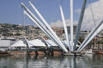 Italy, Liguria, Genoa, Porto Antico, Bigo lift & modern port building.