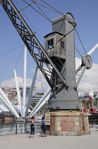 Italy, Liguria, Genoa, old port crane with Bigo lift behind, Porto Antico.