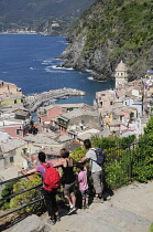 Italy, Liguria, Cinque Terre, Vernazza, views of village & coastline from footpath.