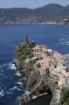 Italy, Liguria, Cinque Terre, Vernazza, the Doria Castle & village straddling the cliffs.