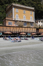 Italy, Liguria, Cinque Terre, Monterosso, hotel & beach scene.