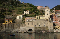 Italy, Liguria, Cinque Terre, Vernazza, view across harbour to church.