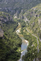 France, Lozere, St Chely du Tarn, Gorges du Tarn, Looking down into the Gorge from the D986 St Enimie to Meyruis road in the middle of the Cirque de Saint Chely.