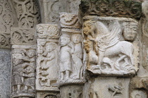 Italy, Lombardy, Pavia, column details of relief figures & animals, Church of San Michele.