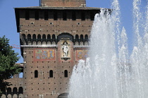 Italy, Lombardy, Milan, fountain & Filarete Tower, Sforza Castle.