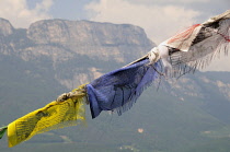 Italy, Trentino Alto Adige, Bolzano, Firmian, Messner Mountain Museum, prayer flags & mountains Gantkofel.