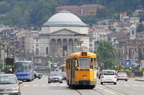 Italy, Piedmont, Turin, tram & transport on Piazza Vittorio Veneto with the church Gran Madre de Dio in distance.