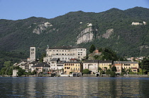 Italy, Lombardy, Lake Orta, Isola San Giulio with Madonna  del Sasso behind.