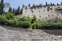 Italy, Veneto, Verona, theatre steps with Castle San Pietro backdrop, Teatro Romano.