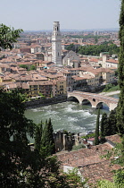 Italy, Veneto, Verona, city views from Teatro Romano of Ponte Pietra & Duomo.