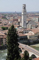 Italy, Veneto, Verona, city views from Teatro Romano of Ponte Pietra & Duomo.