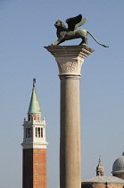 Italy, Veneto, Venice, The winged Lion of Saint Mark on the column of San Marco in the piazzatta.