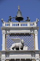 Italy, Veneto, Venice, St Mark's lion statue, Torre dell Orologio, Piazza San Marco.