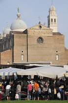 Italy, Veneto, Padua, Basilica San Guistina & market stalls.