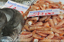 Italy, Veneto, Treviso, fish market, cod & prawns for sell.
