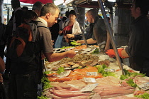 Italy, Veneto, Venice, fish stall, Rialto fish market.