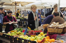 Italy, Lazio, Rome, Centro Storico, Campo dei Fiori, market, fruit & vegetable stalls.