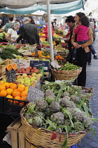 Italy, Lazio, Rome, Centro Storico, Campo dei Fiori, market, fruit & vegetable stalls.