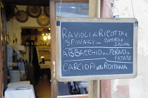 Italy, Lazio, Rome, Centro Storico, Via Giulia, cafe menu board.