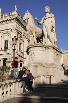 Italy, Lazio, Rome, Capitoline Hill, Piazza del Campidoglio, ramp & statue of Castor at the top of Piazza del Campidoglio.