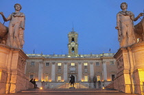 Italy, Lazio, Rome, Capitoline Hill, Piazza del Campidoglio at night with twin statues of Castor & Pollux.