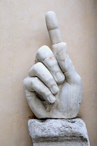 Italy, Lazio, Rome, Capitoline Hill, Piazza del Campidoglio, Palazzo dei Conservatori, giant hand sculpture.