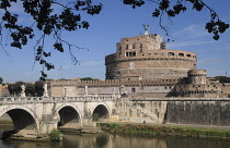 Italy, Lazio, Rome, Castel Sant'Angelo with bridge & river Tiber.