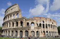 Italy, Lazio, Rome, Colosseum, classic view of the Colosseum with blue sky & light cloud.