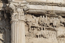 Italy, Lazio, Rome, Roman Forum, Foro Romano, Arch of Septimus Severus, pillar detail & bas relief.