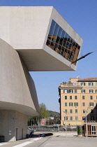 Italy, Lazio, Rome, MAXXI, overhang gallery & exterior view.