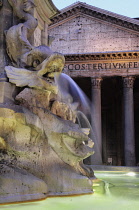 Italy, Lazio, Rome, Centro Storico, Pantheon, fountain at night with Pantheon behind, Piazza della Rotonda.