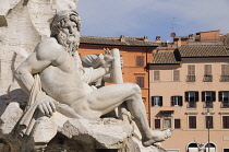 Italy, Lazio, Rome, Centro Storico, Piazza Navona, fountain detail, Bernini's Fontana dei Quattro Fiumi.